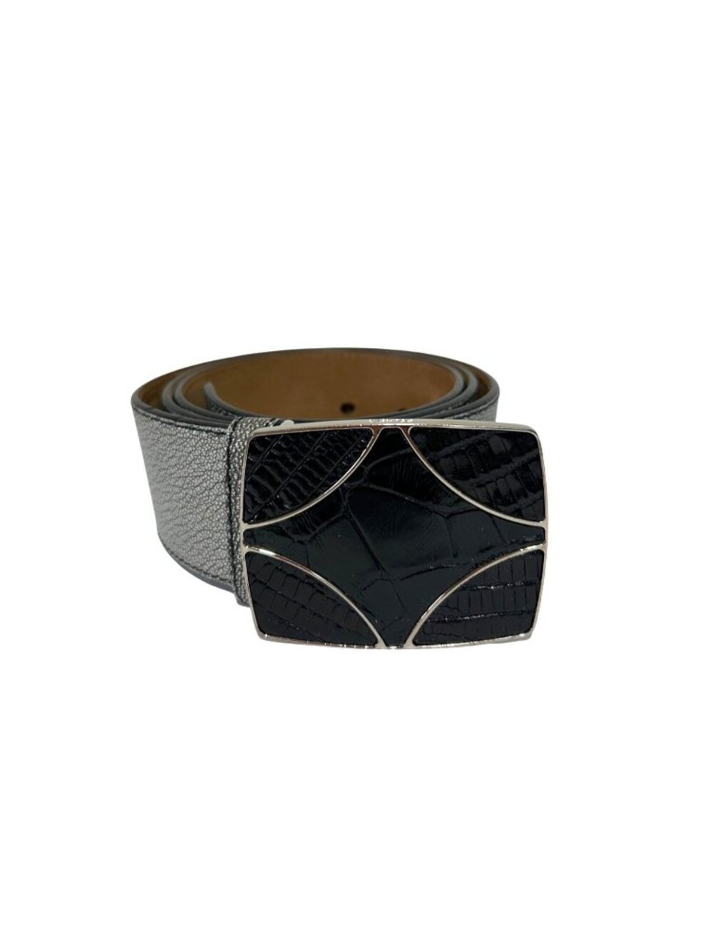 Prada Silver Mens Sz 38 Leather Belt With Black Embossed Buckle Made In Italy - Picture 1 of 11